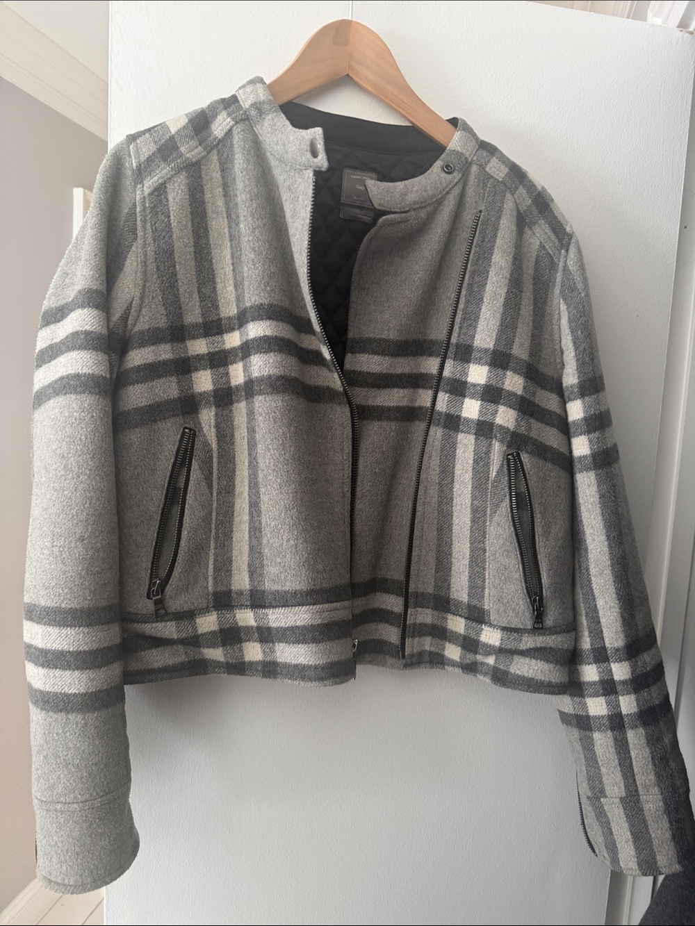 Gray Plaid Wool Blend Zip Jacket - Women